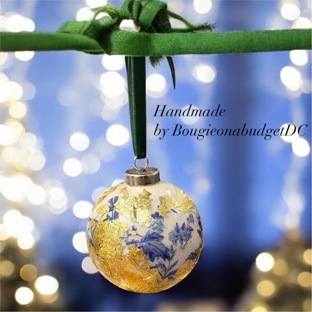 ❌ SOLD! Handmade Ceramic Gold and Blue Holiday Ornament